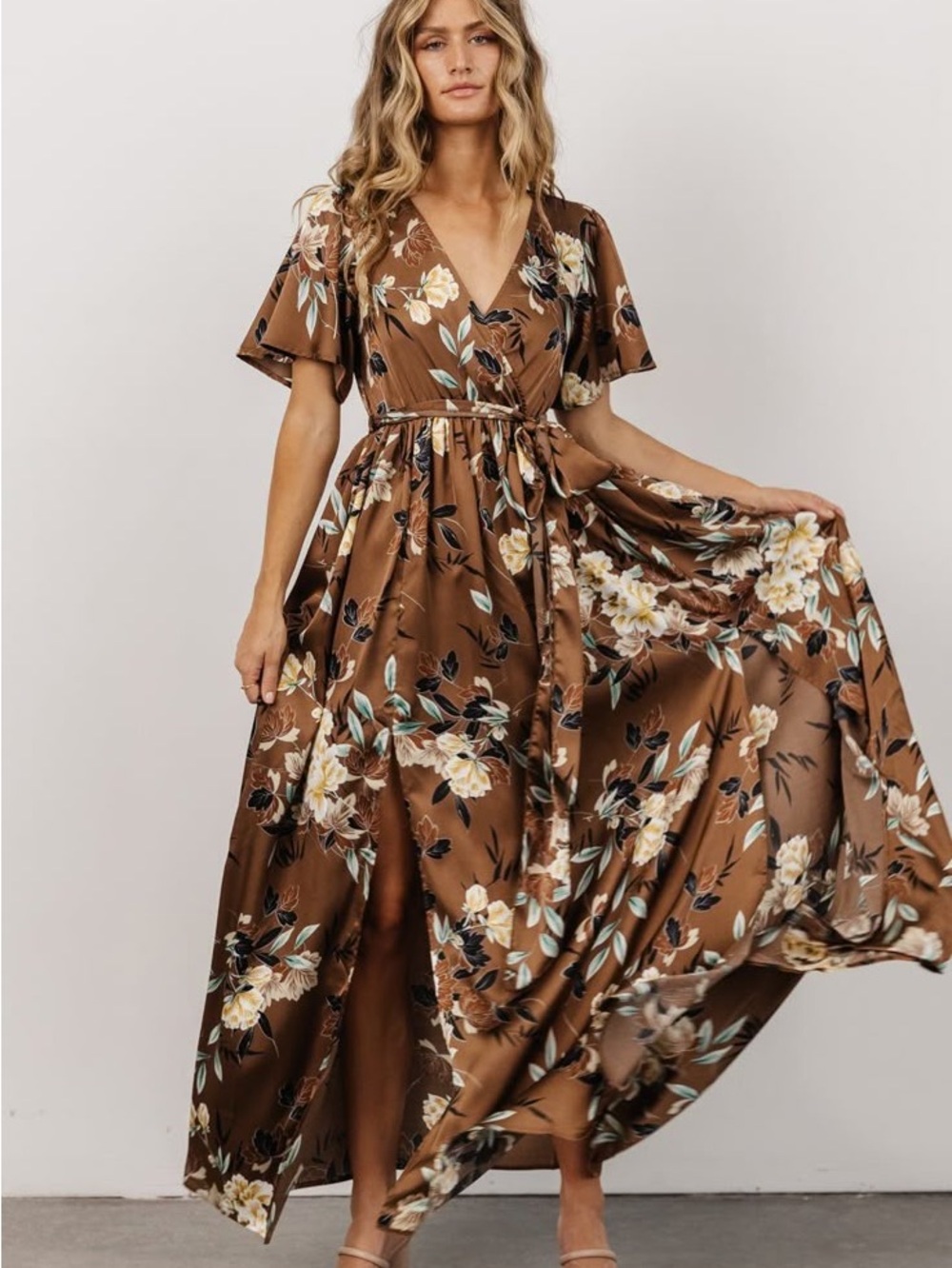 Baltic Born Sicily Satin Maxi Dress Mocha Floral Tie Waist L